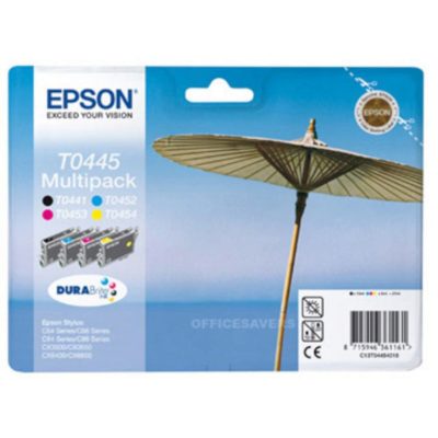 Epson Parasol T0445 DURABrite Ink, Ink Cartridge, Black, Cyan, Magenta, Yellow Multipack, C13T04454010 Epson Parasol T0445 DURABrite Ink, Ink Cartridge, Black, Cyan, Magenta, Yellow Multipack, C13T04454010